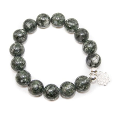 Armband aus Andeer Granit, grüner Stein mit Blume des Lebens Zwischenteil mit Silberkugel